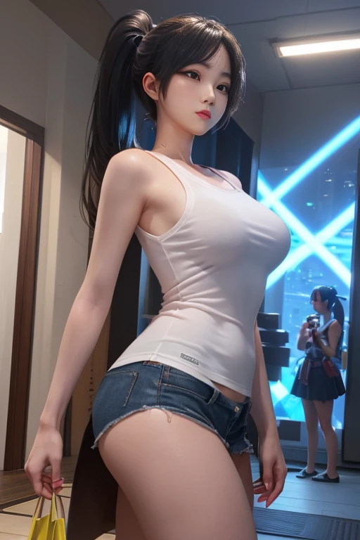 ((Midnight, Best quality, 8k, Masterpiece :1.3)), Whole body, Long legs, Sharp focus :1.2, A pretty woman with perfect figure :1.4, Slender abs :1.1, ((Dark brown hair, Big breasts :1.2)), (White tight tshirt, Jean bib, Standing:1.2), ((Night city view, Rooftop:1.3)), Highly detailed face and skin texture, Detailed eyes, Double eyelid