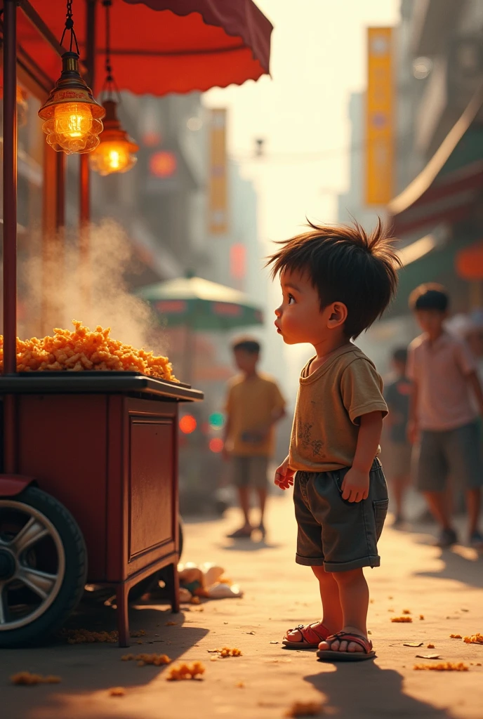 Child working selling sweets at traffic lights with a sad expression and old clothes, watching other children playing from afar