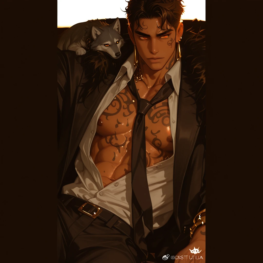 Man with leopard tattoos in the arm sitting with jungle as background. Illuminated by natural sunlight. Digital Art, 3D, Realistic Raytraicing, Cinematic Light, Swimwear