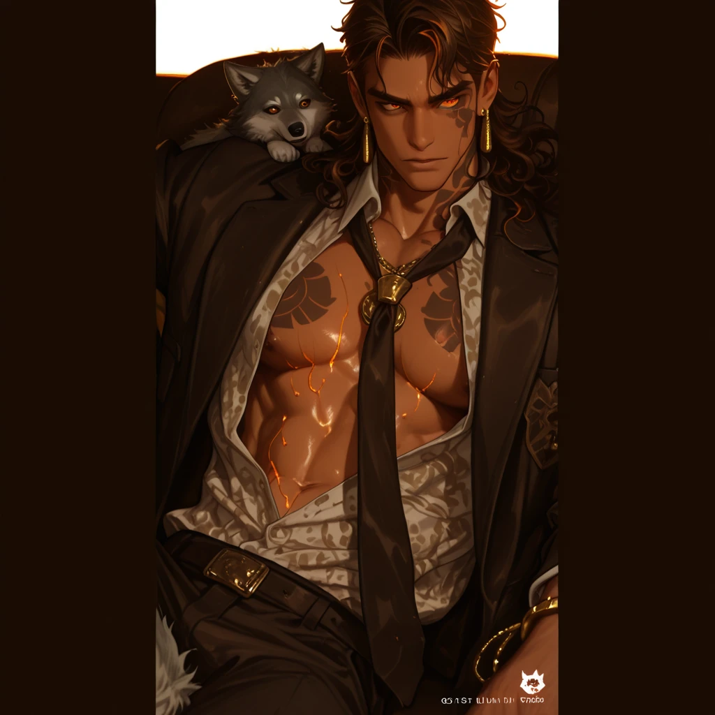 (absurdres, highres, ultra detailed), 1 male, adult, handsome, tall muscular guy, broad shoulders, finely detailed eyes and detailed face, black very long hair, gray eyes, handsome, fantasy, gothic, wolf ears, wolf tail, Sunlight, Fantastic light and shadow, Scenery, portrait, vampire fangs, open mouth, sexy, attractive, full body, tongle, no clothes, no shirt,, Dog Collar, bangs, cute face, sitting on the couch, black leather pants, no shirt