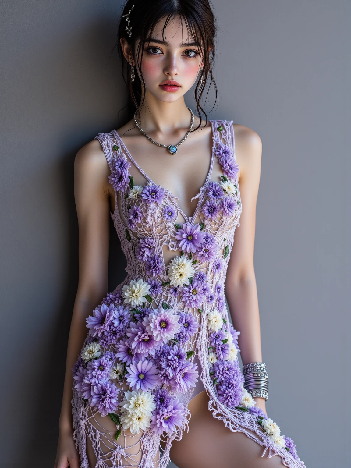 Beautiful black-haired woman with blue eyes, elegant and refined, fish, under sea,Highly detailed face, Detailed eyes, beautiful long eyelashes, complicated details, Award-winning digital art, movie light, Amazing color, realistic, 8k, Masterpiece、(Flowers hide her chest)、(A choker made of ivy)、(The entire body is covered in flowers)、(Bound by vines)、Super Real Photo、Illuminated from the left by strong light、((Flowers cover bare skin))、ponytail、(Bra made of flowers)