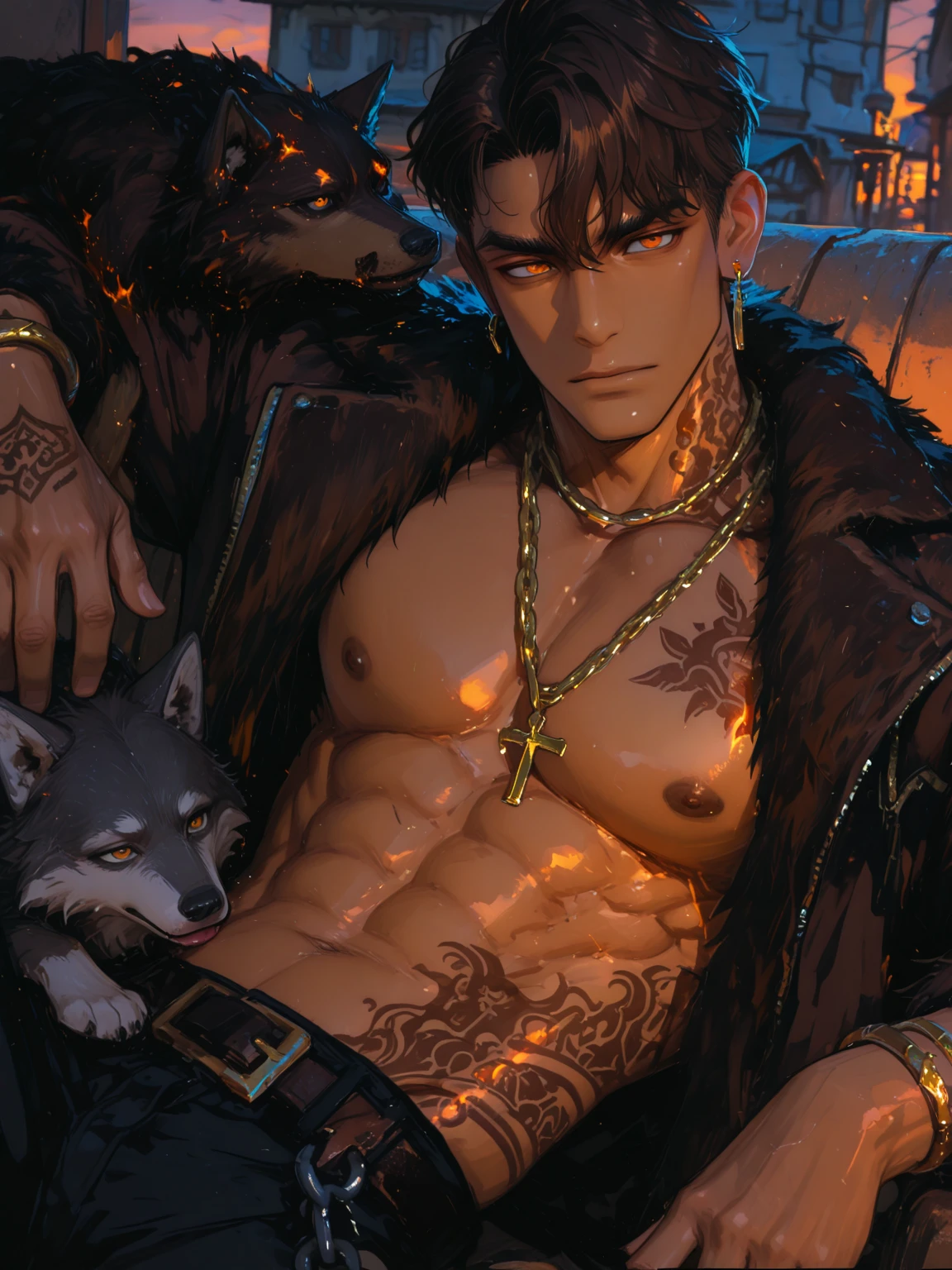 Handsome young man, black hair, delicate, 4k, piercing, wolf, smoke, sex appeal, anime, manga, illustration