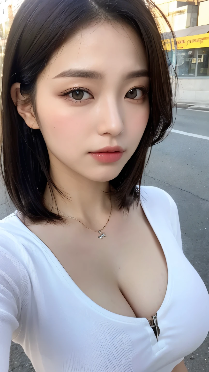 （（best qualtiy，8K，tmasterpiece：1.3）），Perfect beauty：1.4，glute：1.2，（Layered Hair Style：1.2）），（the street：1.3），Highly Detailed Face and Skin Textur，full bodyesbian，Elaborate Eyes，double eyelid，Whitens the skin，Short wave hair，Cute Korean beauty（with a round face：1.5），（Transparent top，short  skirt：1.6）ssmile, large breasts, cleavage 