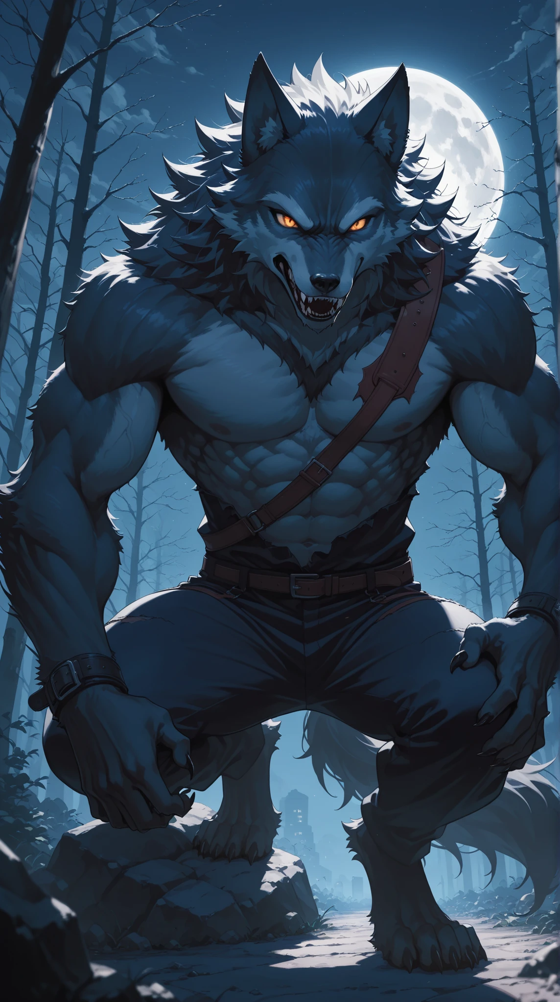 Monstrous werewolf with fierce face, rage, ferocious, frenesi, mystical forest background, night, full moon