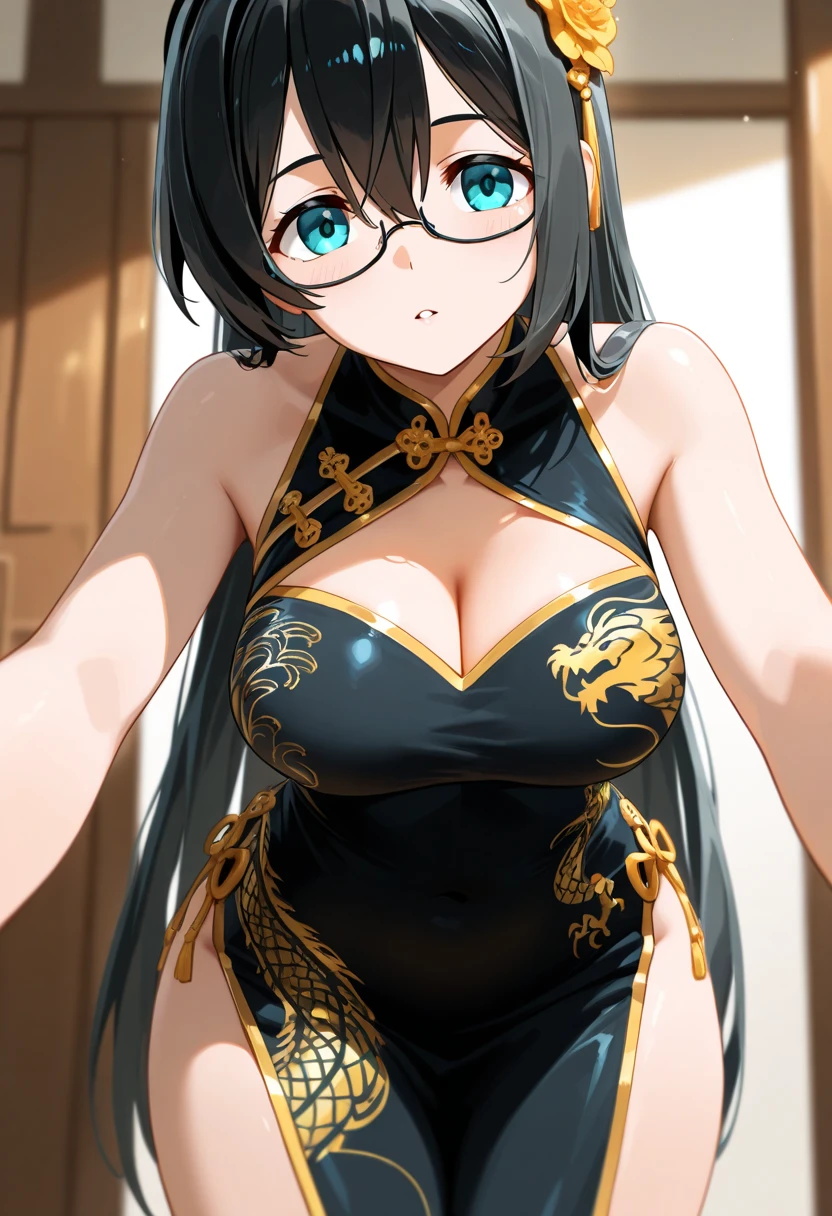 highest quality,wonderful,finely,extremely detailed CG Unity 8K wallpaper,1 girl,(huge breasts)(China dress:1.4),open your mouth, black hair, glasses, blue eyes,twin tails, constriction