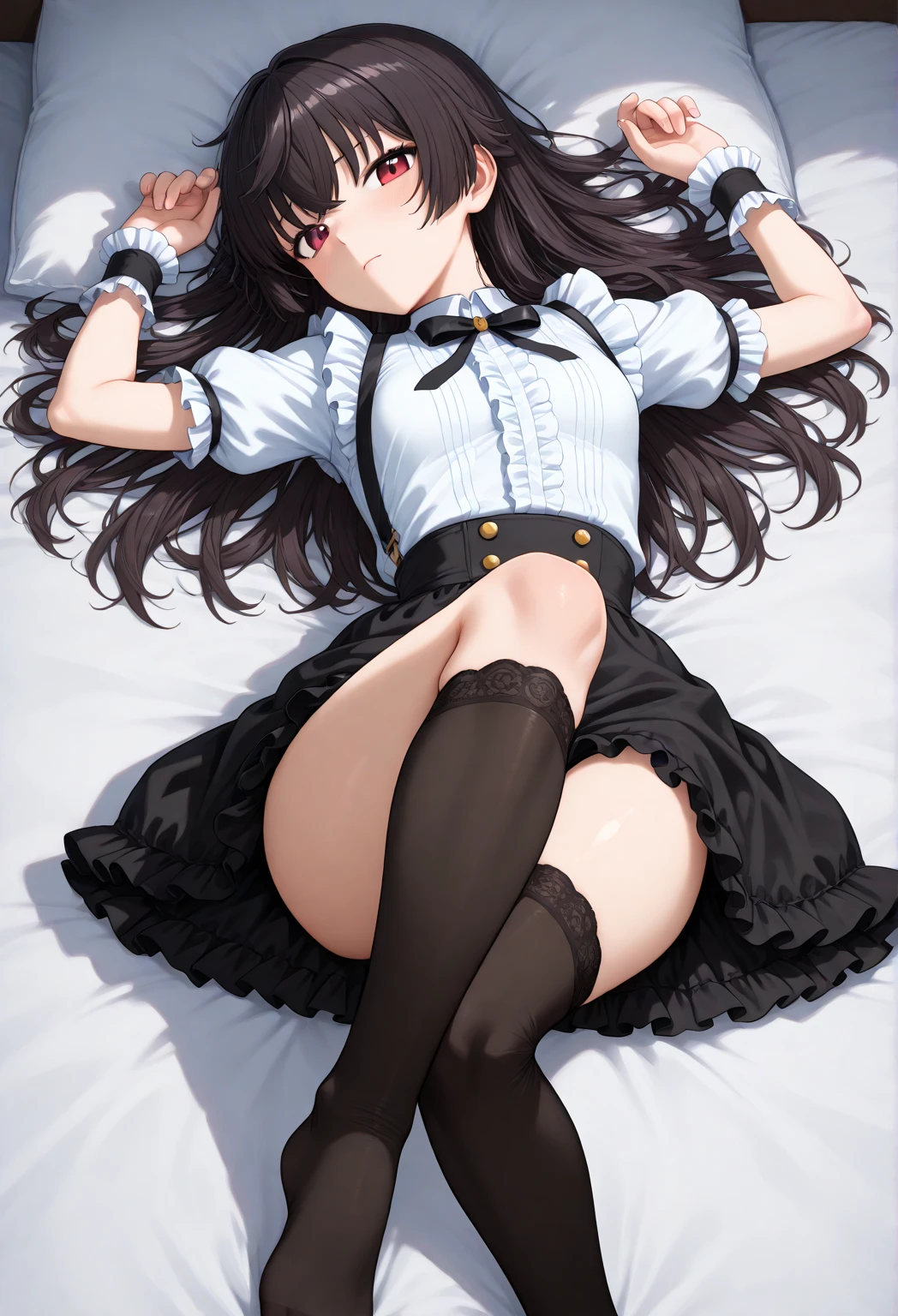 (8K、best image quality、highest quality、masterpiece)、detailed face、1 girl、shiny black hair、twin tails、wavy hair、pink eyes、grin、Moderate chest、pink frilly clothes、off shoulder、black ribbon、black pleated skirt、mini skirt、white socks、leather shoes、thick bottom、squat、put your hand on your face、((Ice blue detailed panties))、shot from below、living room background、beautiful curves、Detailed lace lingerie、lewd, no bra, topless, spread legs, living room