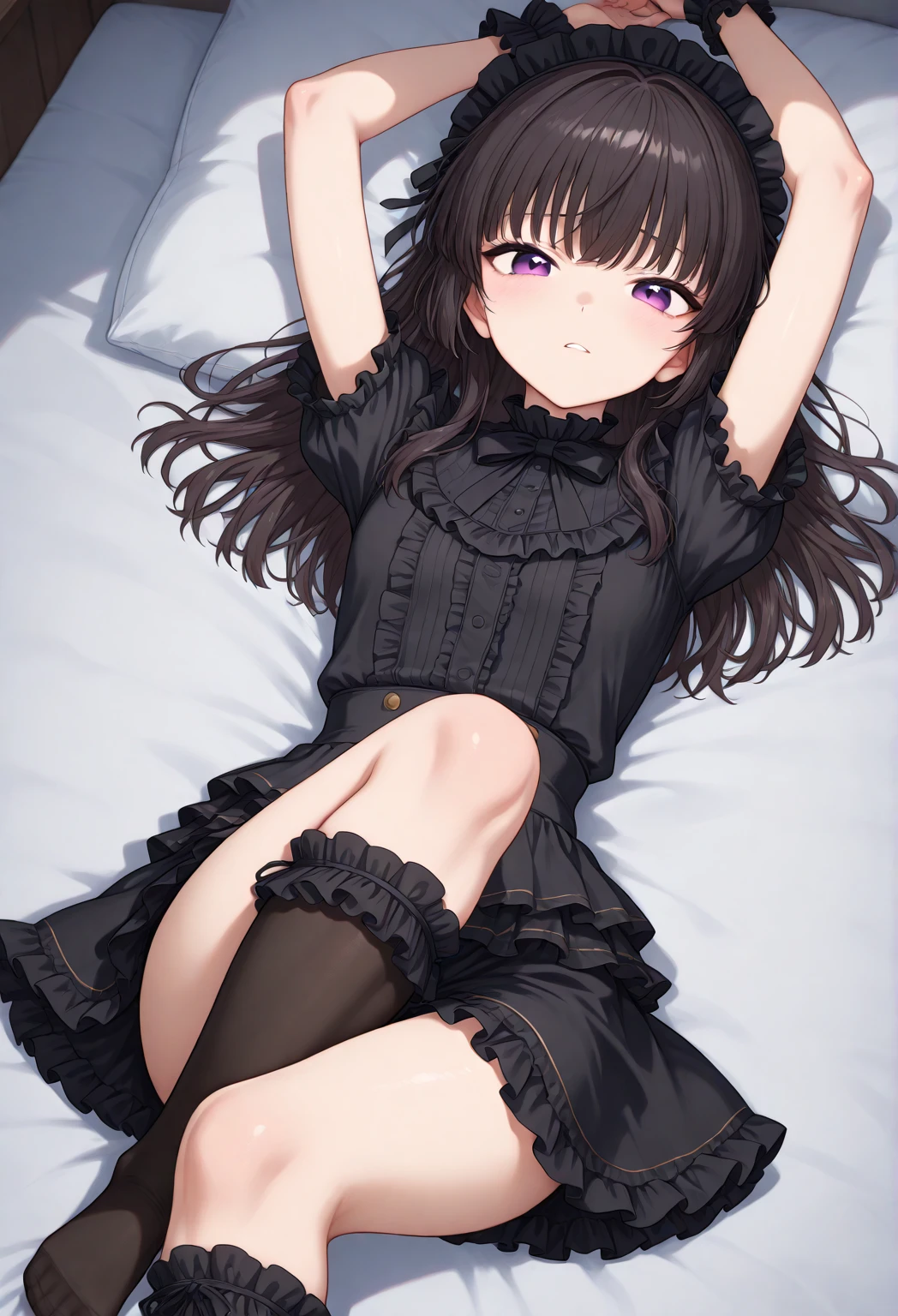 (best aesthetic,best quality,ultra high res,insanely detailed,exquisite,absolutely resolution,explicit),ligne claire,beautiful,BREAK,(((perfect anatomy,perfect proportion,artstation female body))),BREAK,(tiny toddler gal,loli),slut,BREAK,(detailed beautiful jewely catchlight gradient slant eyes),BREAK,(thick bluish eyeshadow, thin eyebrows, thick black eyeliner, Highlighted eyes with eyeliner, false eyelashes),BREAK,gleaming skin,super detailed skin,BREAK,((nsfw,in heat,aroused,heavy breathing,whore)),BREAK,small baby face,childish and super cute,((((blush)))),BREAK,Bishojo,ultra cute,Kawaii,BREAK,low body size,short stature,slender,4 head talls,BREAK,(((((jirai kei))))),BREAK,(black and purple ((streaked hair))))),(((((two side up long hair,wavy hair,pink bow))))),BREAK,((shiny glossy metaric beautiful hair,gradient hair)),BREAK,(((((small breasts))))),(((((erectile nipples,long nipples))))),BREAK, (((((jirai fashion))))),(jirai fashion with black and pink,gothic:1.2),(saree:1.2),BREAK,(Ruffled lace thigh high knee socks:1.3),zettai ryouiki,garter belt,((No panties)),BREAK,love hotel,(lying on bed:1.4),evening,(dripping love juice:1.3),(sweet pussy,show off pussy:1.4),BREAK,(spread pussy,hymen,urethra,clitoris,crotch grab:1.4)