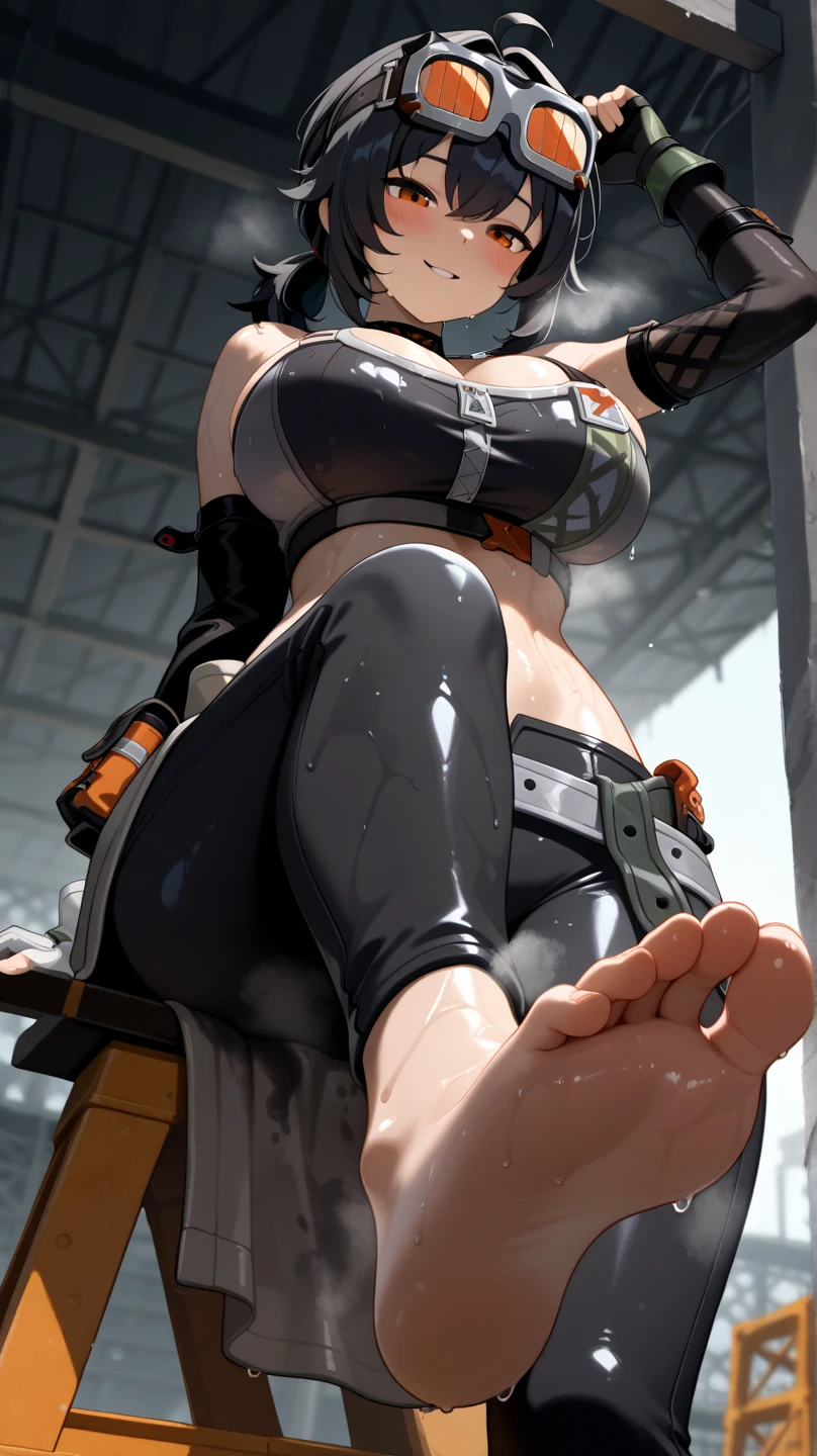 young woman black coat, medium breasts. Animation and Formula 1 Racing, driver, uniforme Sexy, Detailed arms and hands, , Sexy ((solo girl))
