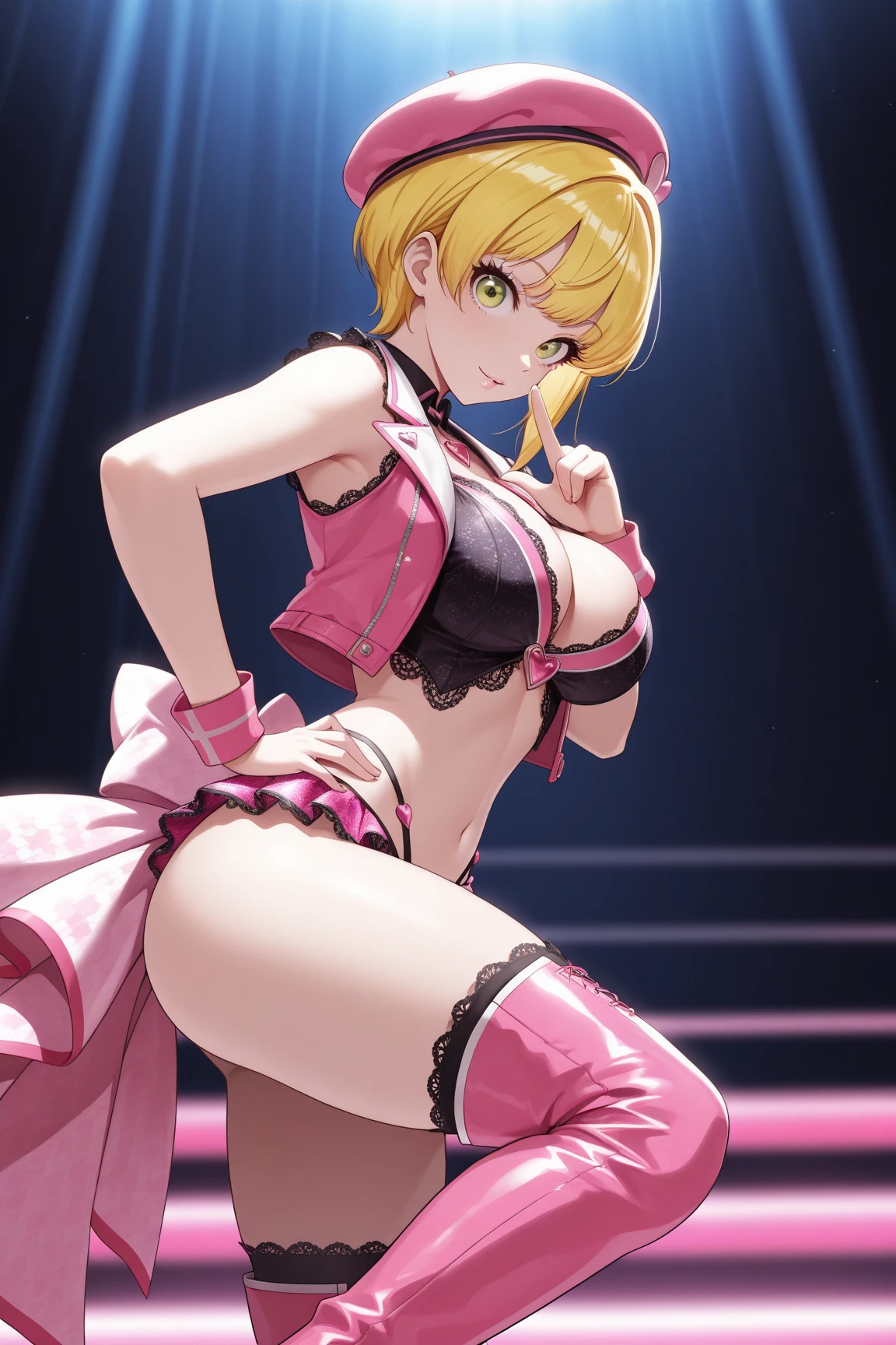 nero_claudius_(fate), fate_(series), 1girl, blonde_hair, green_eyes,red bikini top, red bikini bottom, elbow gloves, black thighhighs, bare_feet, standing_split, standing_on_one_leg, looking_at_viewer, cameltoe, wet, sweat, smug, translucent_bra, score_9, score_8_up, score_7_up, (rating_explicit), <lora:TruckKun_Style_Lora:1>, strip_club_venue, <lora:PSC:1>