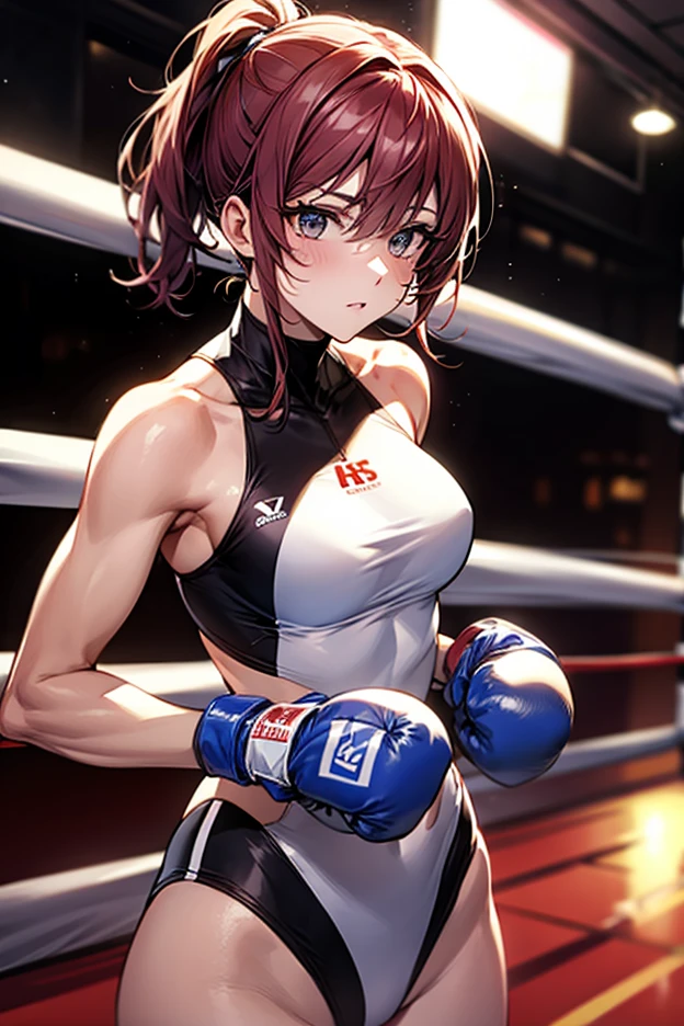 Mature woman boxer, reddish-brown hair, long hair, sexy lips, celebrity, purple leotard, red lip, (((boxing gloves)), brown skin, two women, (((eyes closed)), (being punched by another dark-haired woman)), (((belly punch))), sweat and saliva all over the body, inferiority, on the verge of fainting, steam, (((boxing ring without spectators)), ((boxing play)), Body blow