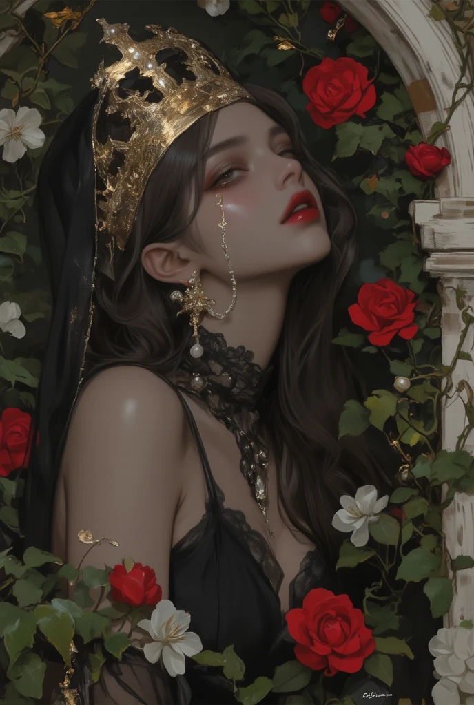 An goddess, with a white dress with a white blind fold, with medium black hair laying on a ground(small image) beautiful design golden dress