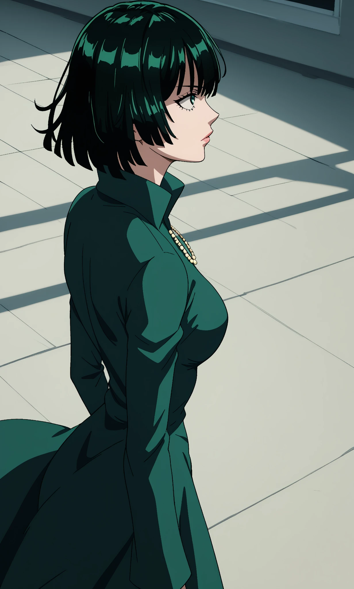 a woman in a green dress sitting on a ledge, tatsumaki from one punch man, beautiful anime girl squatting, fubuki, thicc, she wears a dark green dress, tatsumaki, looking from behind, back pose, full growth from the back, in full growth from the back, seductive anime girl, anime woman