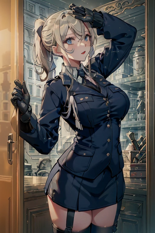 (dynamic angle:1.3, front view:0.9, breast focus:1.3, from below:1.2), (dynamic posing:1.5, sexy posing:1.3, leaning forward), (seductive smiling:1.3),masterpiece, 1girl, pointed chest:1.3,(double breasted:1.2,under bust:1.2), Amazing Cleavage:1.3, thin waist, big ass, Raised sexy, big breast: 1.2 posed cleavage:1.2、solo, looking at viewer, open mouth, silver bronde hair, blue eyes, bare shoulders, collarbone, sidelocks, hairband, sapphire earrings, indoors, red off shoulder sweater dress, arms behind back, short hair with long locks, blue gold hairband, big side hair, very long side hair is rendered in (masterpiece: 1.2, best quality), with (ultra high resolution) and an exquisite (depth of field). This masterpiece is not only visually stunning but also tells,A scene of cooking in the kitchen