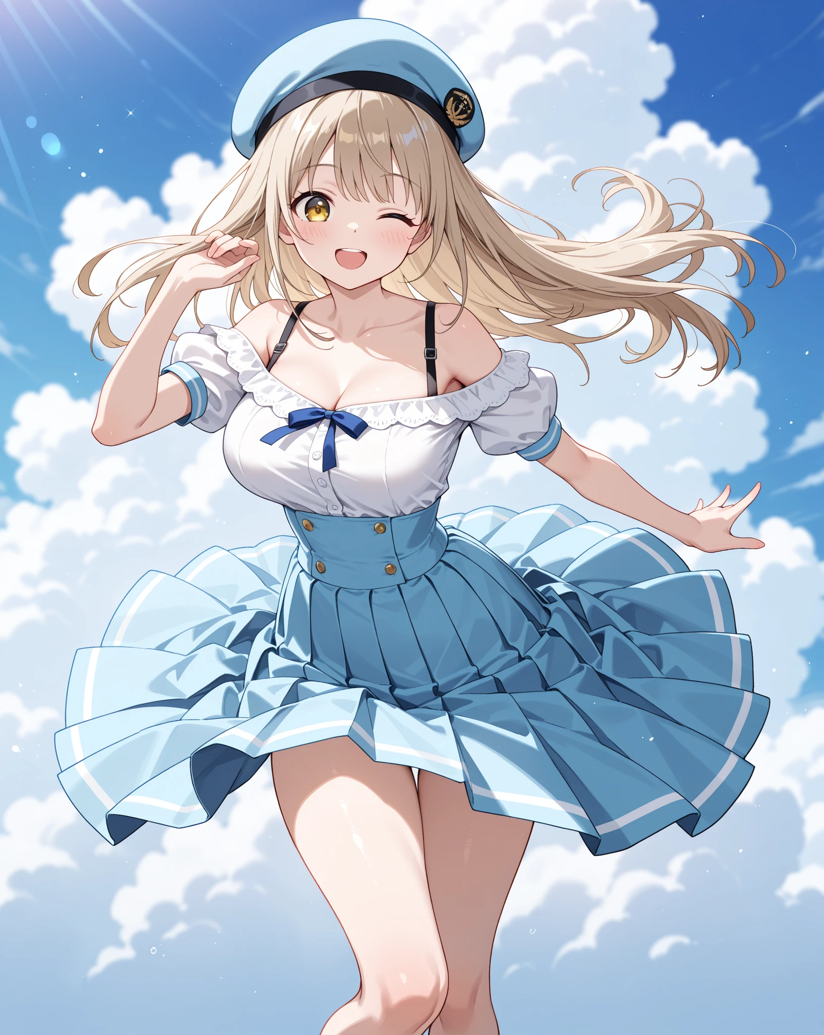 Highest quality,masterpiece,Blonde with blue eyes、Cheergirl、Beautiful breasts、Twin tails、Girl's cute eyes,Stadium,foxpose,foxear,