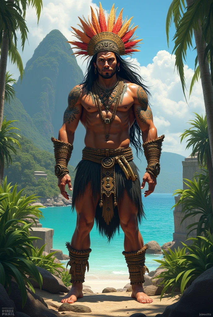 Create a dramatic lighting image of a Native American man, serious countenance, com dedos extremamente perfeitos, perfect hands, de 50 anos, The face with indigenous war ink, Traje nativo brasileiro, amazon jungle background, (((full body)), Crossed arms reference,olhando para camera, background floresta amazonica numa cachoeira