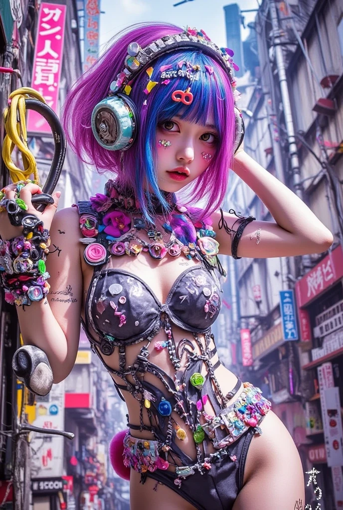 Flowing_contour biomechanical__cybernetic_airbrush___Strange__(((Japanese Harajuku style Fashion_(((colorful Magazine_cover)))__art_decor_Border)))__porcelain_and_Platinum / Futuristic Cyberpunk woman with porcelain skin, cybernetic implants.
