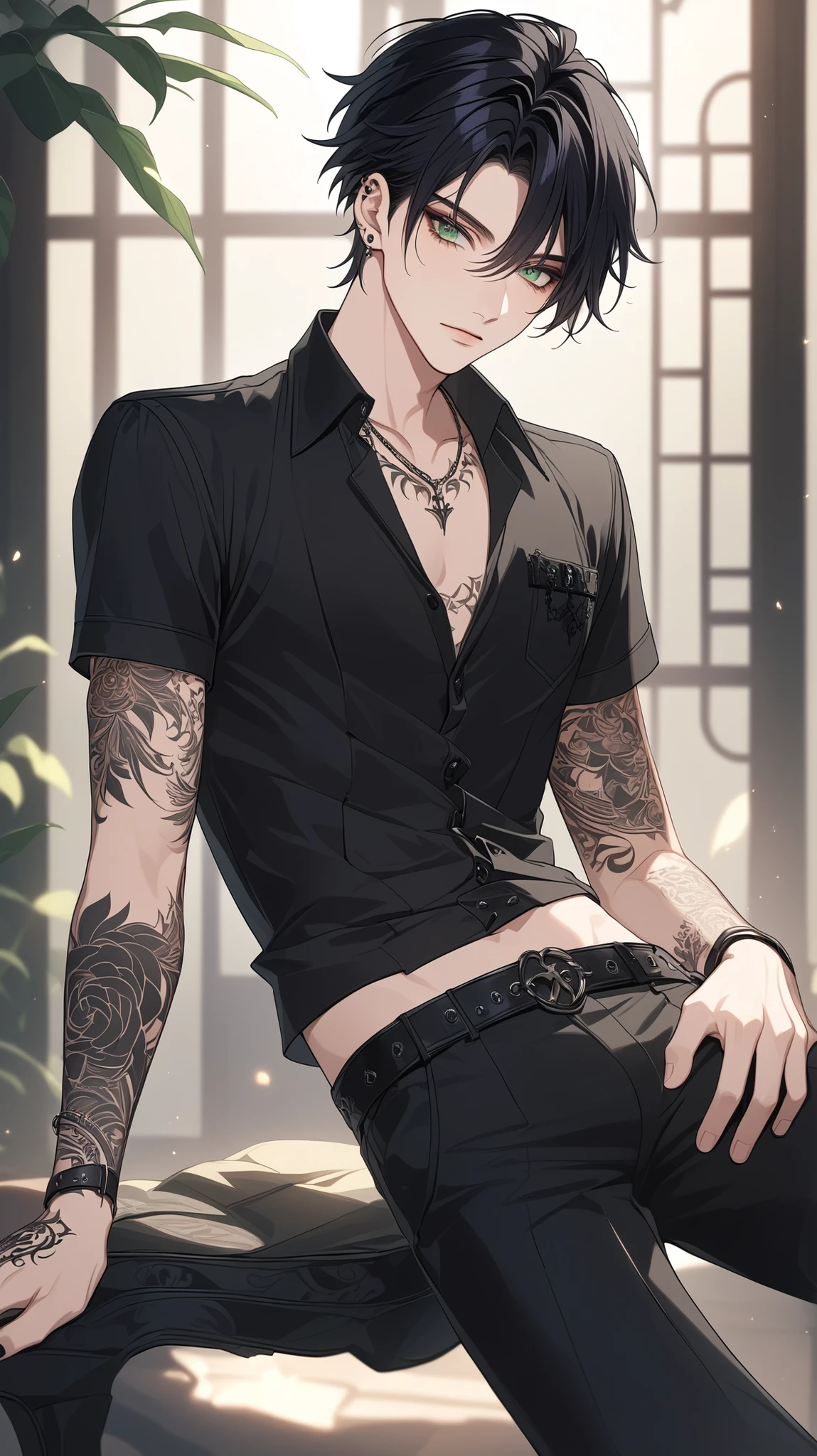 (absurdres, highres, ultra detailed), (1 solo male) 1 male, elf adult, handsome, tall slender guy, narrow eyes, narrow shoulders, finely detailed eyes and detailed face, messy shaggy black hair, side bangs, bangs, green eyes, sexy twink, shirtless, final fantasy 14, dog collar, full body shot, tired, in a compromised position, in a dirty old barn