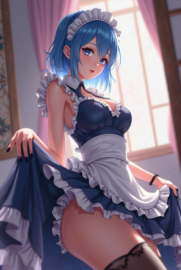 High, sharp focus, Pixiv masterpiece, ((intricate details)), very detailed, upper body, 1girl, rem_re_zero, blue hair, short hair, maid uniform, hair ornament, neckline, maid's headdress, separate sleeves, ribbon, full body, raised dress, exposed panties, white panties.