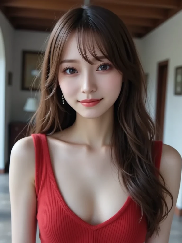 A majestic 20-year-old beauty sits in a charming Korea-inspired café, her stunning multicolored locks styled in a high-end French braid, bangs. She dons a vibrant red dress that accentuates her curves, as she indulges in the sweetness of a ripe strawberry. Her very detailed face shines with a bright smile, complemented by her striking blue and brown eyes that sparkle like gemstones. The 8K resolution captures every strand of hair, every freckle on her cheeks, and every eyelash framing her gorgeous gaze, upper body, focus on strawberry, brown eyes, Korean girl, ImgFixerPre0.3