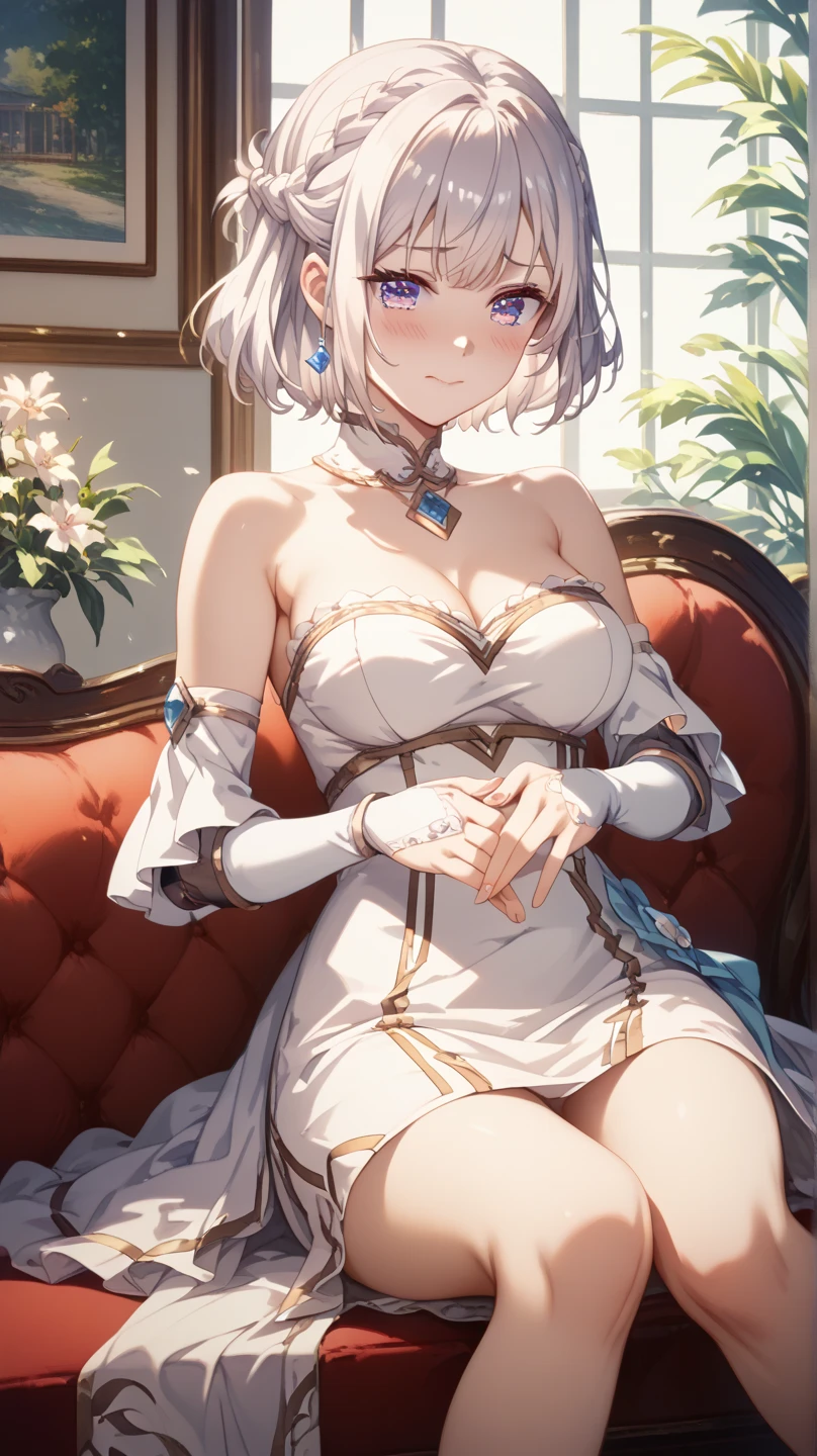 super high image, super detail, high resolution, anime, manga, illustration, fantasy, super cute lady, amorous expression, flowing layered messy silver short bob, sparkling big gold eyes, huge breasts, under boob, great proportion, full body, floral camisole dress