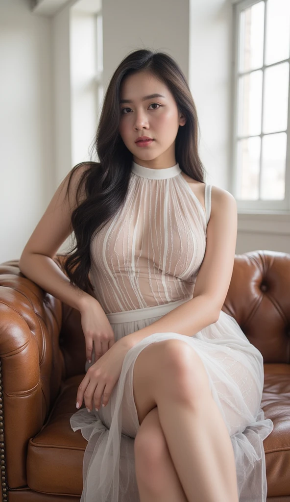 ((best quality)), ((masterpiece)), (detailed), perfect face, young sweet beautiful Indonesian girl, 23 years old, georgeus sweet face, slim body, slim thighs, beautiful big size breasts, nubian nose, descent mixed from sundanese and javanese, very wet messy wavy shoulder short hairs with a bangs, very shy and very worry girl, wearing white very wet all unbuttoned thin long sleeve office dress, wearing wet pushed down lace bra under her dress, wearing white wet folded up thin knee long A-shape skirt, wearing wet woman shoes, wearing wet belt, wearing wet thin beautiful scarf on her neck, all very realistic, all very detail, siting straddeled wide legs stressed on chair just after splashed with waters in a secret room, cute crying, worrying and scary eyes about what will happen to her next, water flowing down from all her hairs and skins, all of her all are very wet,