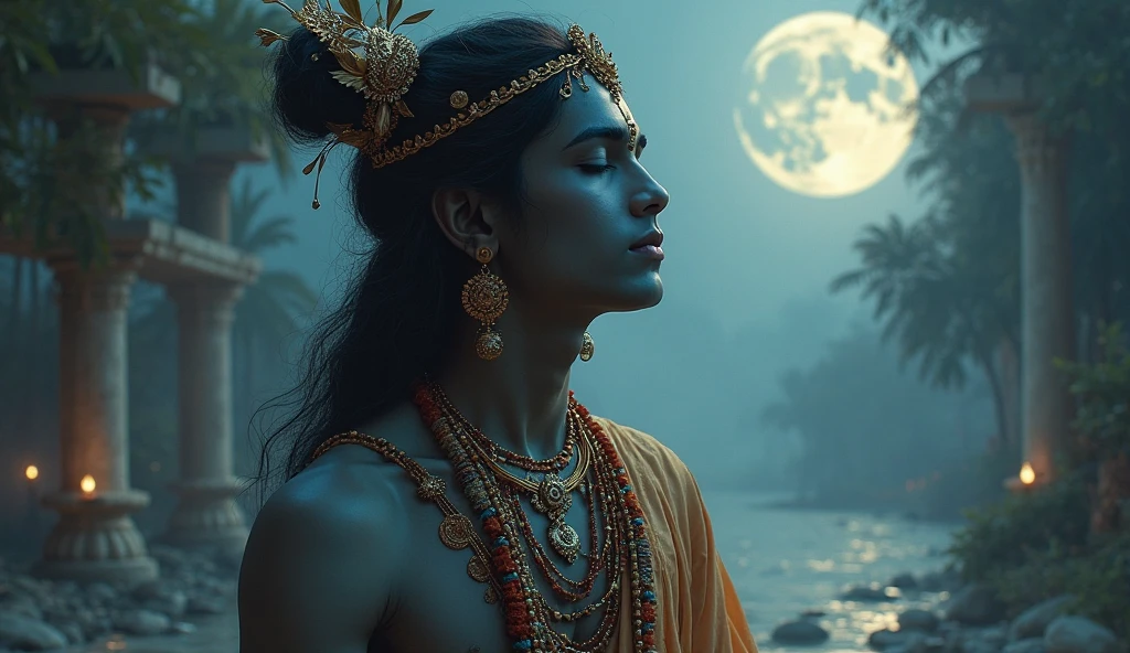 Father vashudeva( face are clearly visible) kept god krishna (baby 1ft, sleeping in basket ,glorius face , peacock feather on his head) in basket (black)on his head crossing yamuna river by side at moon night