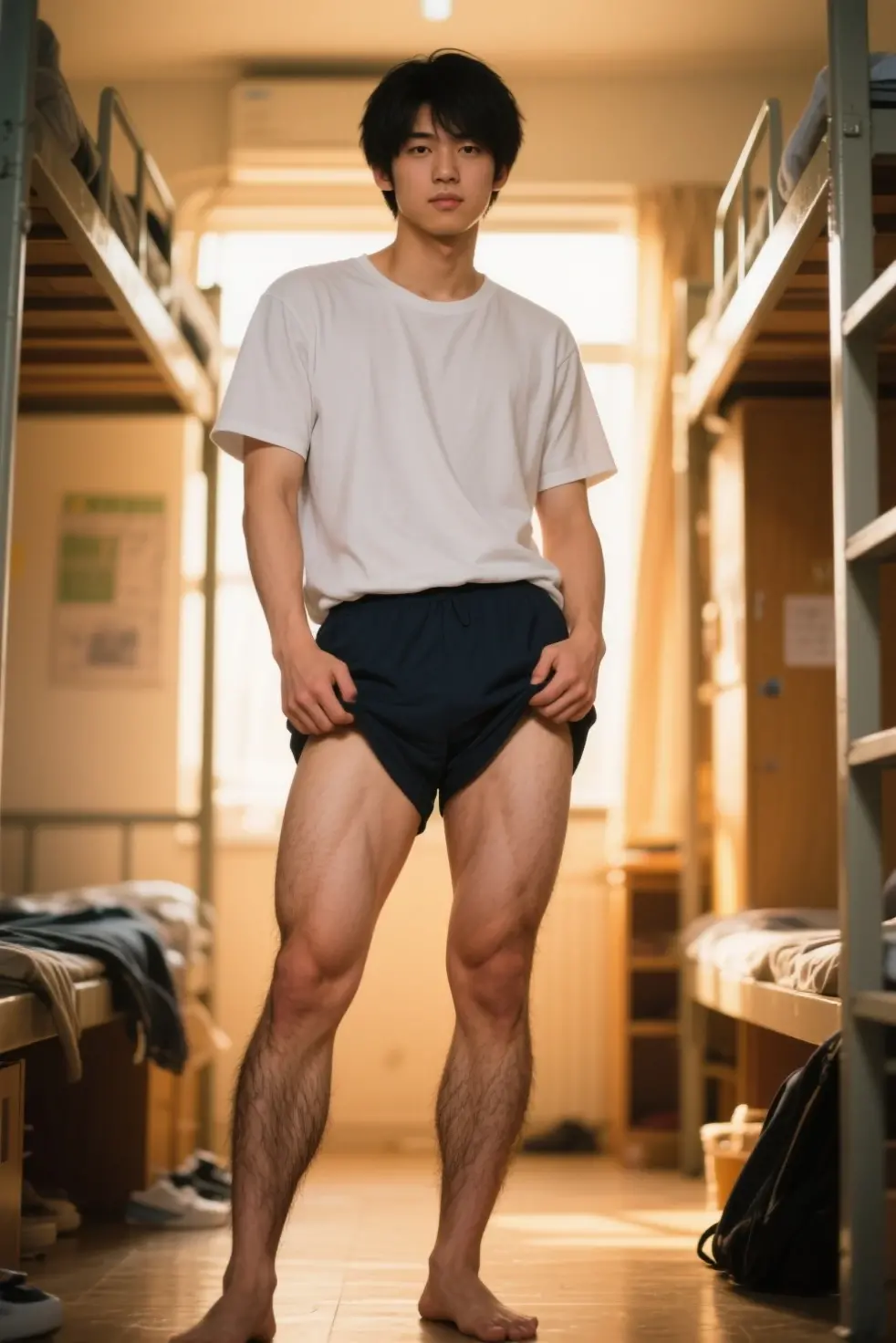  Handsome American-japanese teenage teenage guy 18 years old,singer idol face wearing only a jockstrap underwear ,Standing  among many uniform friends in university hallway, perfect penis,Masterpiece,penis
