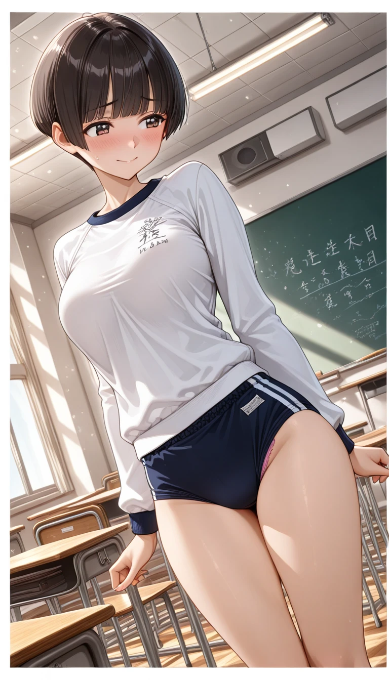 (beautiful girl : 1.3),1 girl,(white gym clothes,long sleeve,take off dark blue buruma,pink panties, pubic hair),dark haired,Bowl Cut,Smile Yan,embarrassed,classroom,Dynamic Angle,masterpiece,Highest Quality,Rich Contrasts,High Definition,8k,High Definition CG Unit Wallpaper,Textures,Incredibly Absurd,RAW pictures,Deep Border 1 .2,very detailed