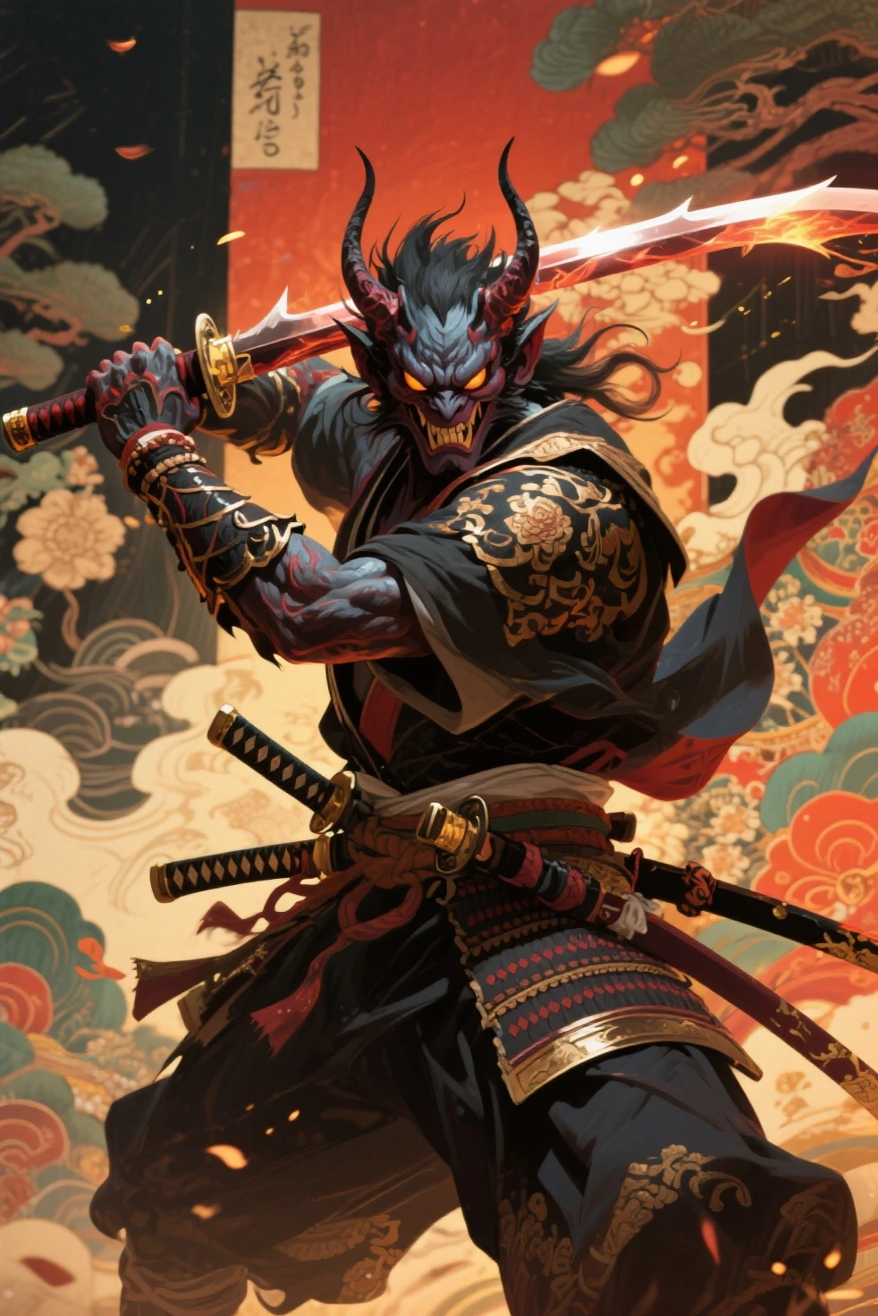 (demon samurai)、(Wearing a demon mask)、独奏、Like the whole body、(Armed with a long sharp knife)、magnificent artwork、((Kyoto Panel Painting Style))、Wind-effect:1.9、Cloud Effects:1.2、Full Rendering、Encaustic Painting,unrealengine,facing front