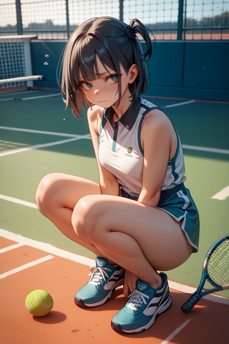 ((((absurd, RAW photos, Extremely refined, masterpiece, best quality, Ultra-high resolution, 32k, Surrealism, Extremely detailed)))), 20s, Very slim figure, Willow Waist, Small head, The face is so small, Exquisite facial features, Pretty Face, beautiful eyes, Very large round , Medium Length Hair, Black Hair, curls, Tear mole, earrings, full-body shot, ((Tennis Clothes)), Bare shoulders, shorts,Nipple protrusion
