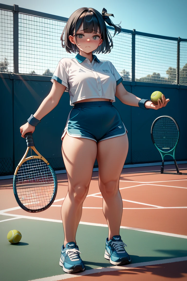 Maisie Williams, masterpiece quality, realistic, lots of detail, 1girl, solo, alone, (alone:1.9), beautiful sunny day, beautiful clouds in sky, on a tennis court, wearing a tennis uniform, wearing cop top, midriff, wearing short pleated skirt, big breasts, (big breasts:1.3), chubby belly, (chubby belly:1.1), chubby body, sexy pose, seductive face, empty hands,