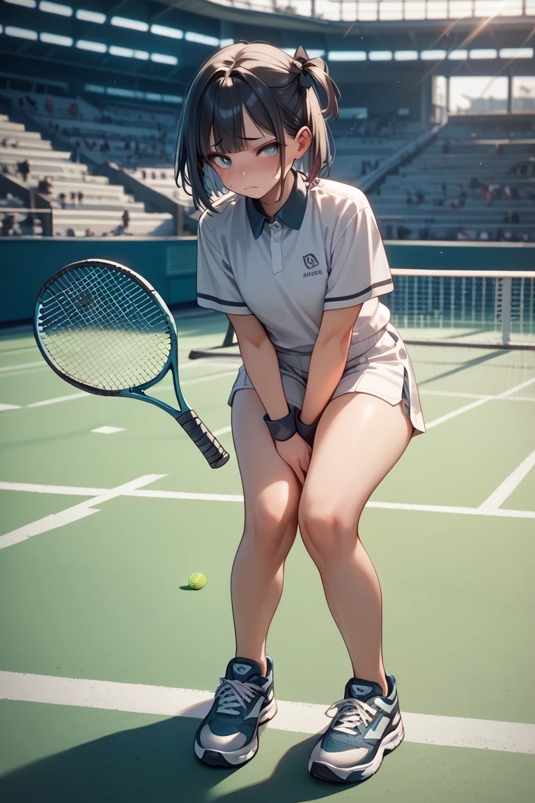 debris flieasterpiece、highest quality、Super detailed、High resolution、High resolution、8K portrait、Unity 8k壁紙のHigh resolutionCG、unity 8k wallpaper、cute type little:1.5、:1.5、Highly detailed CG unity 8k wallpaper、realistic、real person、cute type little、 portrait photography、shiny skin、High resolution、((10 years old:1.5))、(1 girl)、beautiful clear eyes、very detailed explanation、delicate face、nice lips、slender body、 thin waist、thin legs, brown bob hair、(Tennis court:1.6)、1 girl, cute type, perfect face, seriously, (blush:1.5),(small breasts:1.8),(tennis wear:1.2),((clothing lift:1.5)),(I have nipples)),Detailed description vagina,show vagina,spread legs,spread、((vaginal orgasm:1.8))