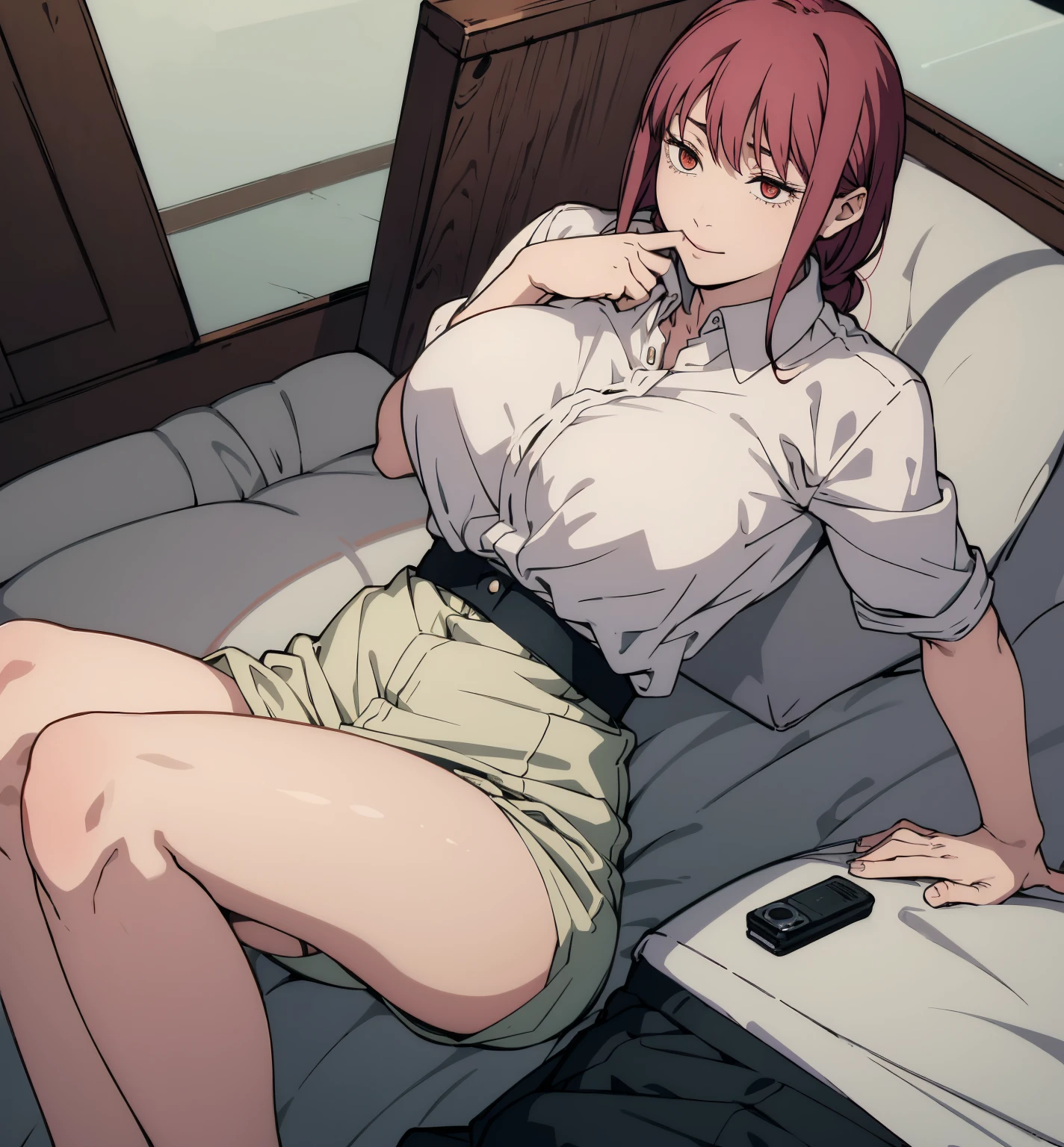sexy red hair Anime girl sitting and studying, with a little glimpse of her legs. big breasts cleavage, night outside