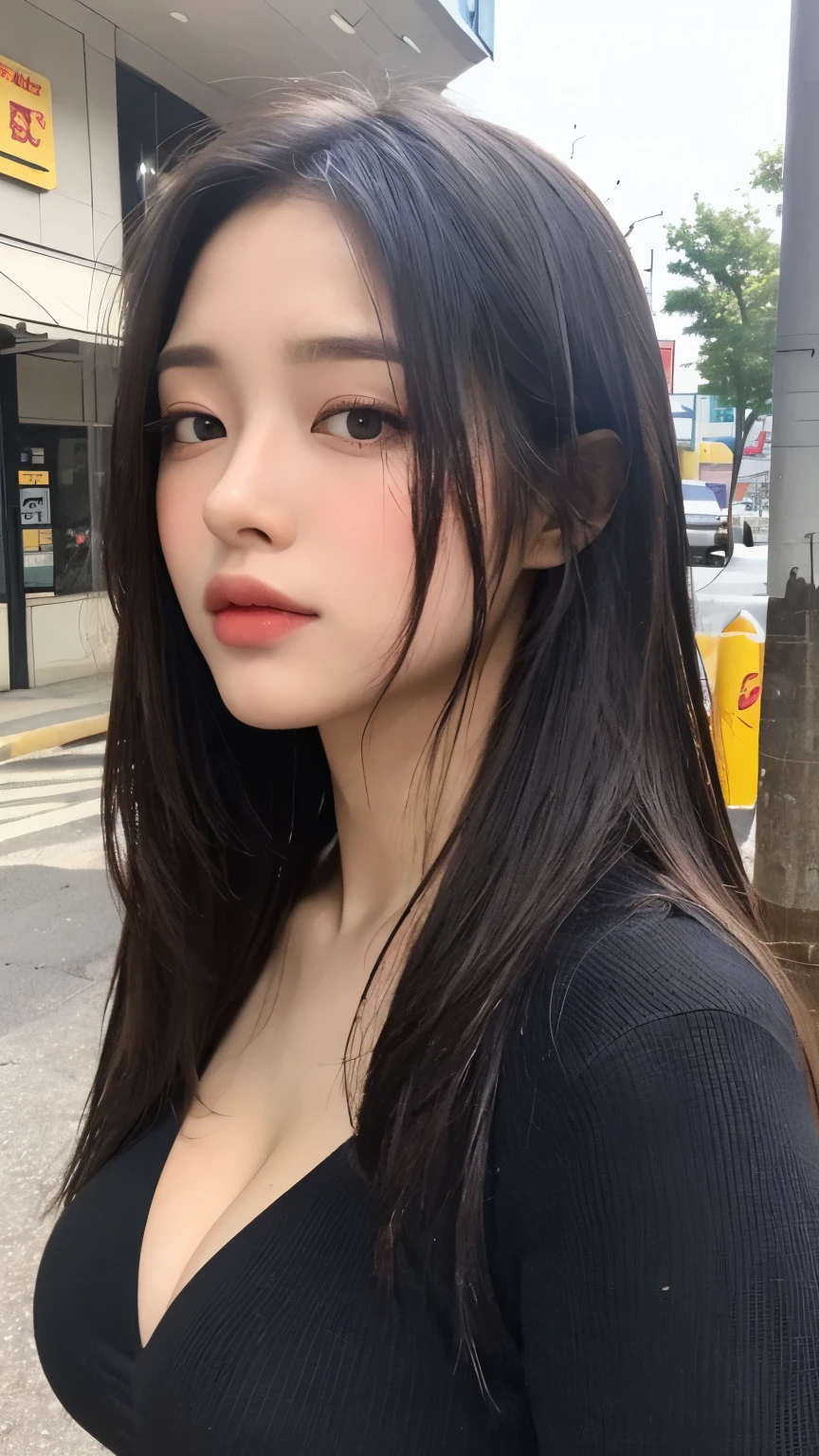 (extra detailed body、extra detailed face、best qualtiy:1.2)、femele、looking at the viewers、(Black tops、JINS)、(Urban chaos in the background:1.4)
