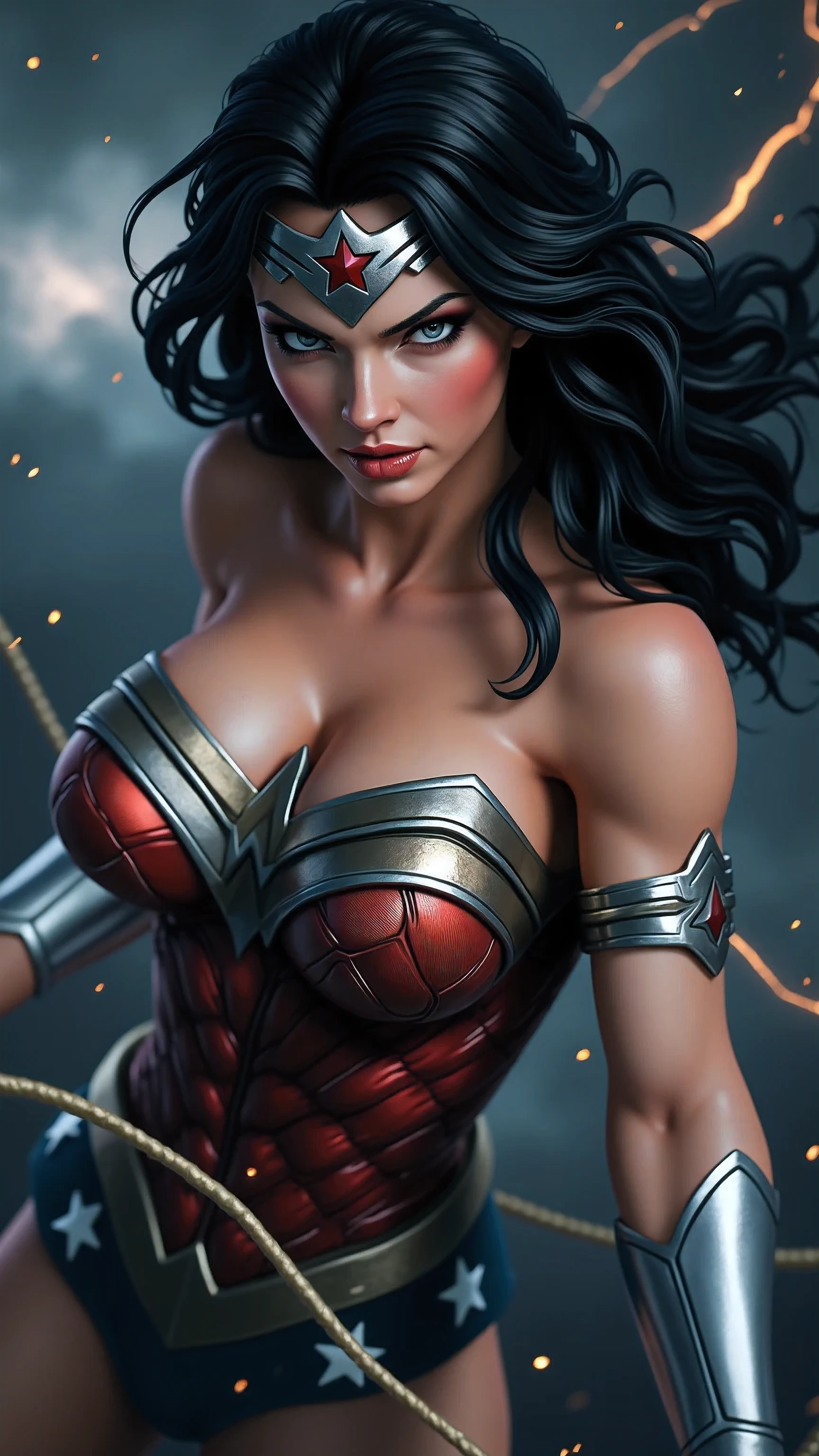 (Masterpiece, 4k resolution, ultra-realistic, very detailed) bound and gagged sexy beautiful (Wonder Woman New 52). portrait photography by artgerm, in the style of realism, glistening skin, cartooncore, mangacore, natural lighting, Defined full lips. Muscular fitness feminine body
On a leash being a sex slave (she is bound and gagged, in bondage, with an armbinder and a ballgag on her mouth, (in stocks pose)