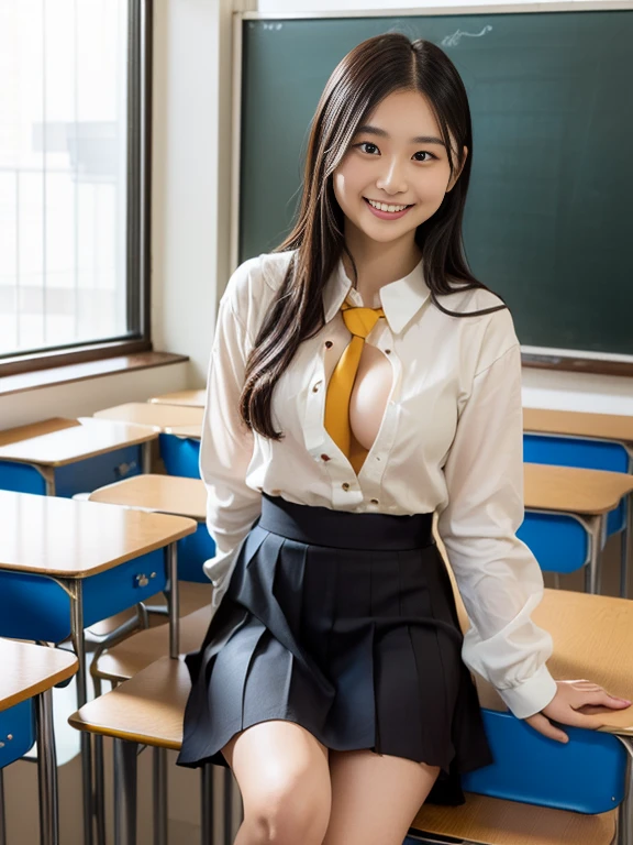 ((highest quality)), ((pieces fly)), 18 year old real Japanese beautiful girl、uniform、beautiful thighs、Bust 75cm cleavage、40cm miniskirt above the knee、underwear、ponytail、Sit with your legs wide apart on your desk in the classroom