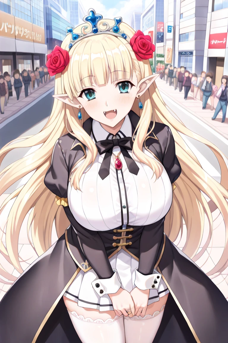score_9, score_8_up, score_7_up, source_anime, expressiveh BREAK 1girl, lusamine_\(pokemon\), 1girl, very long hair ,blonde hair ,green eyes, huge saggy breasts, leather collar, annoyed, looking at viewer, serious, standing, outside, city, street, crowd, (slingshot bikini), puffy sleeve, short sleeve, skindentation, rating_questionable, gyaru, slutty_clothes, (magical_girl), white gloves,pink fishnet stocking,pink bow,blue bow,bow,brooch,dress,standing,earrings,frilled dress,frills,gloves,hair bow,heart,jewelry,holding staff, 