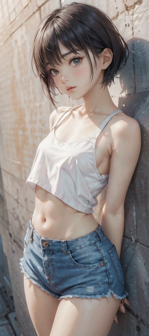 best image quality, masterpiece, super high resolution, (fidelity:1.4), photo, boy, white shirt, torn jeans, white sneakers, dim, darkness, despair, pity, poor, movie, tears, teardrops, (torn clothes:1.5), (wet clothes:1.4), bare shoulders, real rain, wet hair,.. wide hips, thin and narrow weist, big large feminine breasts, large male reproductive organs, very small spikey boyish haircut,