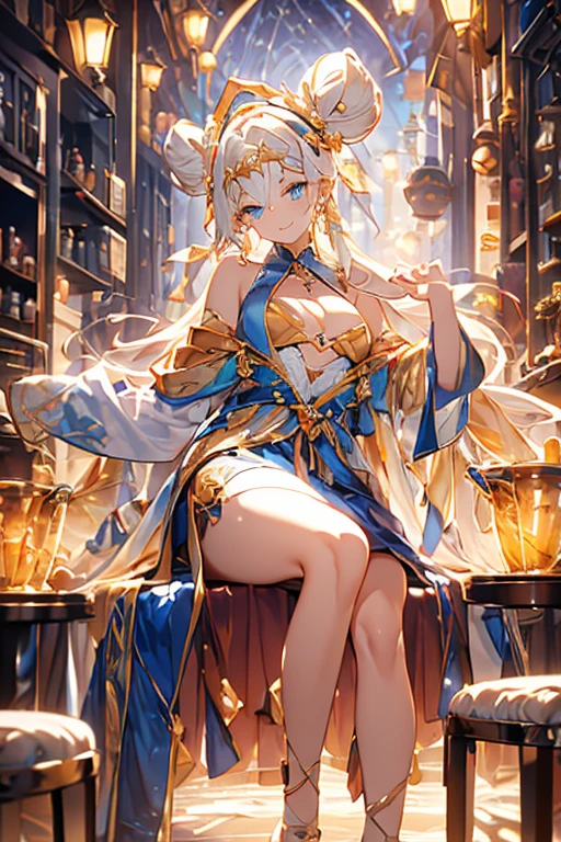 A beautiful girl inventor,An alchemist with white hair, heterochromia eyes - right golden and left blue - and a large chest.
