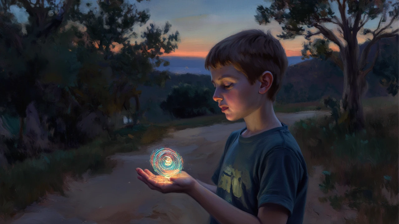 young boy sees a glowing crystal orb in a dark scary forest