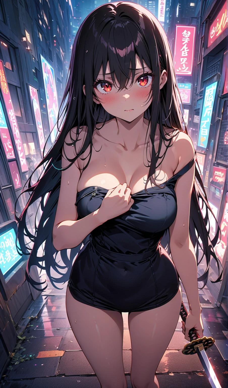 Optimal，masterpiece，High resolution，Highest quality，Hyper HD，Very detailed，Award-winning，16K，alone，（Upper Body），Correct Anatomy，Beautiful Cyberpunk Girl，Cowboy Shot、Cute Face，，Black Hair、Long Hair、Twin tails、Braiding, Hairline，（（Scarlet Eyes）），Long eyelashes，Drooping eye corners，White skin，Shoot from the side, ((See-through camisole:1.5)), ((Transparent nipples))、rocket , （Because I&#39;thin），
