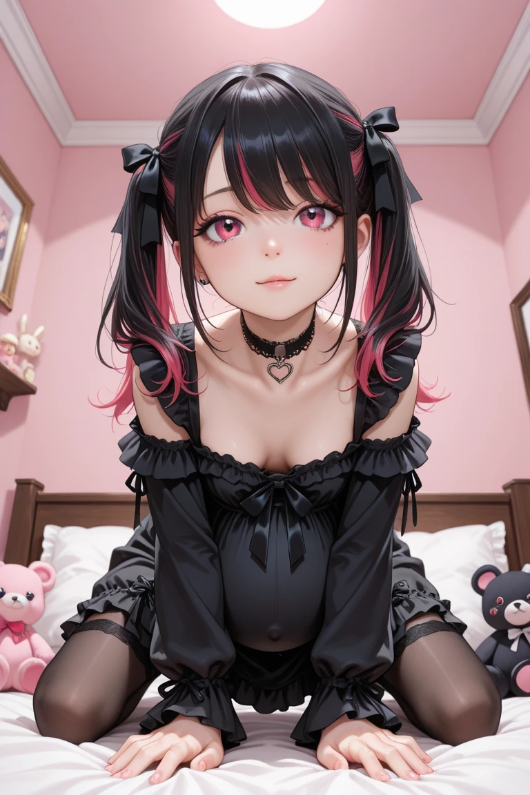 a woman with pink hair in a scary pose, inspired by Fujiwara Takanobu, tattooed skin, tumblr, gothic art, full body of a young anime girl, virgo, red and black colors, blood core, nightcore, very passionate, japanese gyaru portrait, scary pink, with long curly hair, more well known as amouranth, doll face, anime set style, hot pink and black