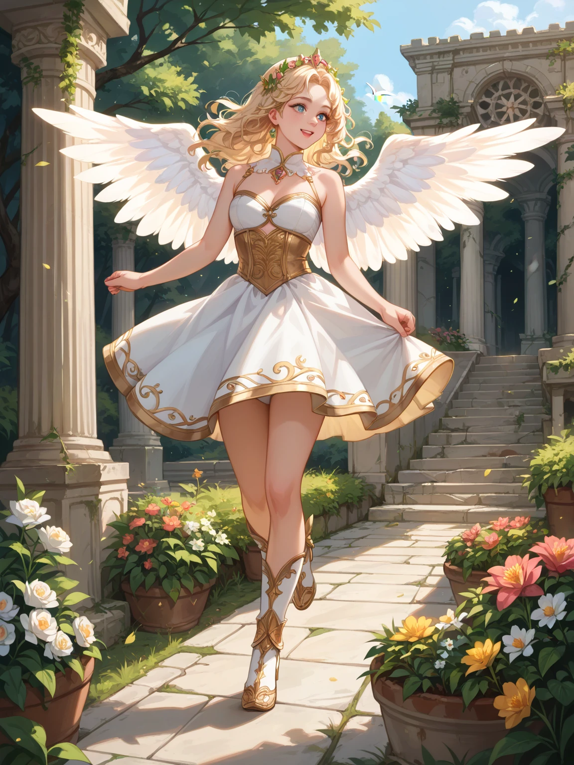 beautiful Angel, Wearing a gorgeous dress that covers the whole body, luxurly gawn,Floating in the air, angel wings, (angel ring:1.3), outdoor, detailed face, detailed eyes, detailed lips, detailed nose, detailed foot, full body shot