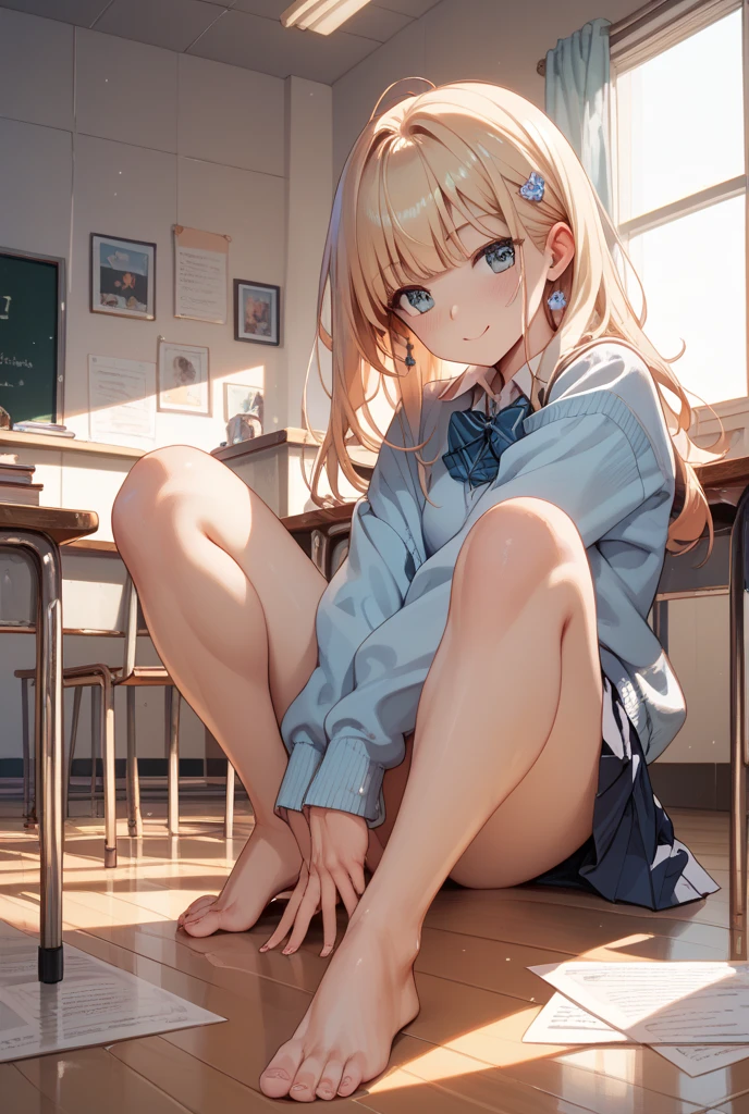 gyaru, collarbone, bow, loose bowtie, white shirt, collared shirt, long sleeves, bracelet, wrist scrunchie,blue skirt, pleated skirt,
clothes around waist,
fine underwear
,BREAK,
from front,indoor,{{{open legs wide:1.5}}},focus on feet
,BREAK,
{{{shaded face}}}, troubled face,naughty smile, open mouth, looking down at viewer, masterpiece,absurderes, beautiful detailed face
,BREAK,
,Squat,looking down at viewer,Squatting,
((masutepiece,hight resolution)), masutepiece, Best Quality, , absurderes, Perfect Skin, Detailed skin texture, ultra-detailliert, 8K, Intricate details, beautifull detailed face,hight resolution, 1girl ,from front.
indoors,locker room