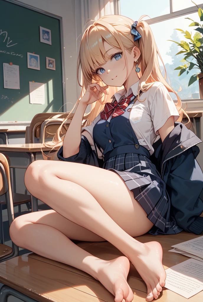 1girl,solo,cute,blush,leg up,barefoot,sole,foot focus,foot up,in classroom,low angle