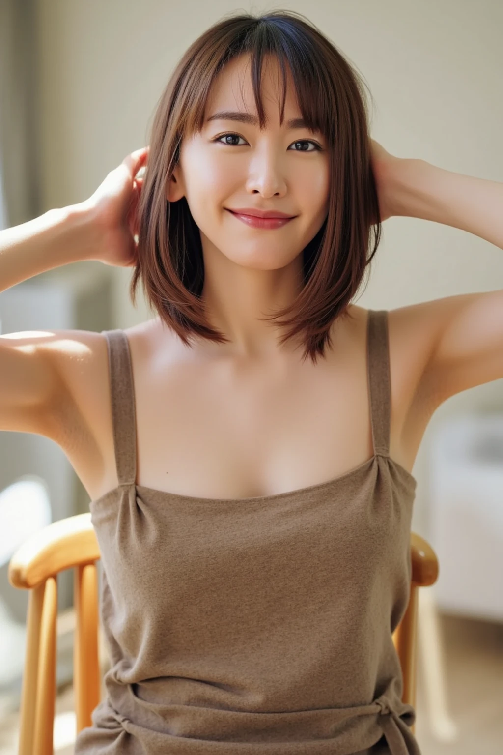Ultra-high resolution, Superior Quality, Highest quality, Very detailed, Realistic, 8k, RAW Photos, Highest quality, masterpiece, Attractive girl, Awesome girl, Brown Hair, Shoulder-length layers, 非対称のbangs, K-POPアイドル, Sophisticated, stylish, Shibuya Ward, ((masterpiece)),(((Highest quality))),Thin thighs,Long legs,Girl standing in school corridor,bangs,A small smile,Random Pause，cute女の子，Slender girl，(Photo realistic:1.4), (hyper Realisticな:1.4), (Realisticな:1.3), (Smooth lighting:1.05), One Girl, Pure beauty, Age 19. Lovely, cute, Tank top, Warm Light, Realistic lighting. Backlight、Facial Light, (Cheerfulness:1.2). (Improved image quality:1.4). (Top quality real texture skins). Finely grained. The small face of a skinny girl. Proudly. Pointed jaws. Face close-up. Korean Idol, Gravure Idol Pose Slender. Glowing Skin, Nogizaka Idol,The best smile