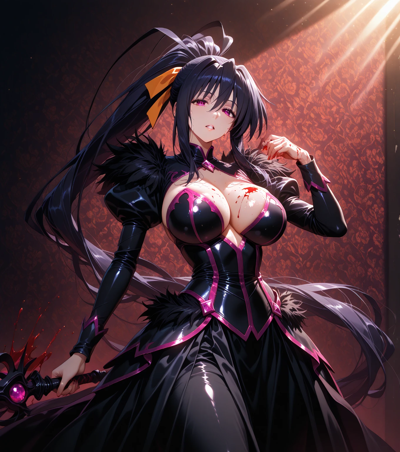 masterpiece, best quality,Gloria Tyler, black hair, pink eyes, serious, long hair, large breasts, black mask,(clothes, clothing :1.4 ), posing,Hidden arms, (ruins), looking at viewer, ( on floor ), sfw