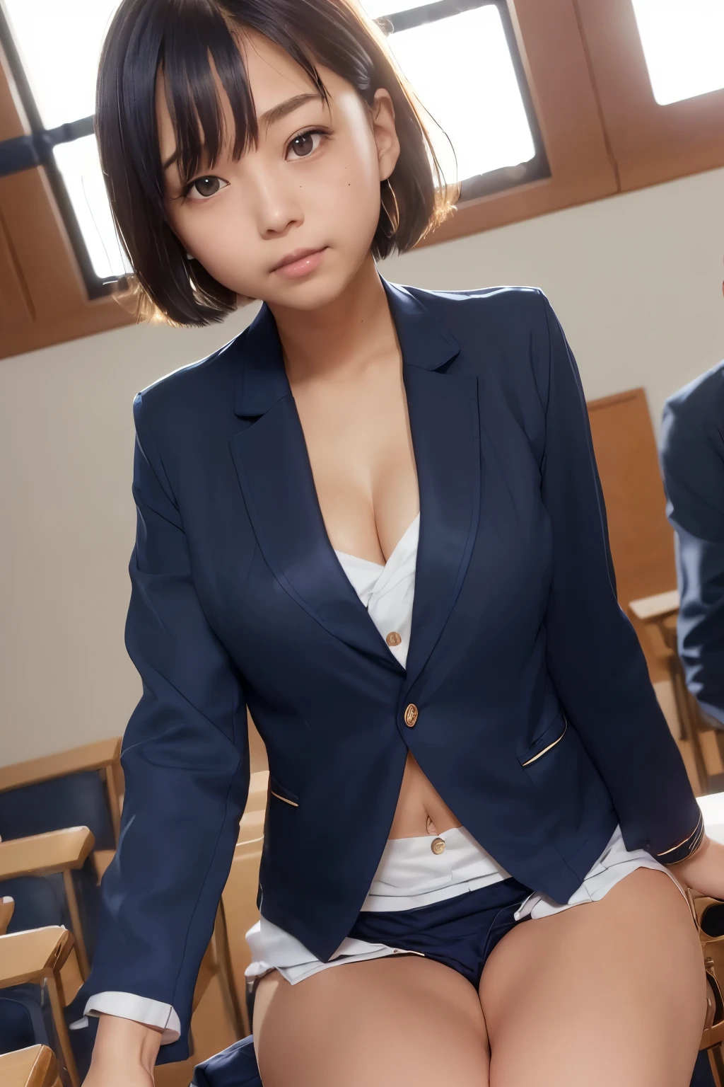 A beautiful young teen overflowing breasts bras with a short bob haircut, wearing a stylish that includes a blazer, tie, and a pleated skirt. The blazer is tied at the waist, revealing a hint of her midriff, and the tie hangs loosely. Her expression is gentle, with large, captivating blue eyes and a soft smile. beautiful belly breast , beautiful hanging breast, chest press together, full body shot, The lighting is warm, highlighting her features and the delicate textures of her outfit, dynamic pose ,in classroom background