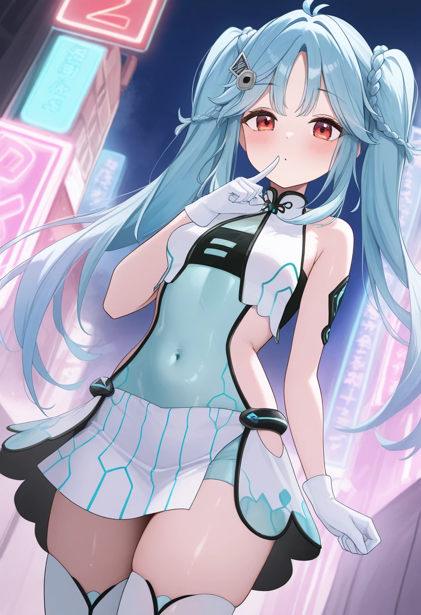 A girl,twintails,Long hair,Black Hair,((transparent)),Tube Top Dress,Towering breasts,Slim waist,Smooth legs,blush,