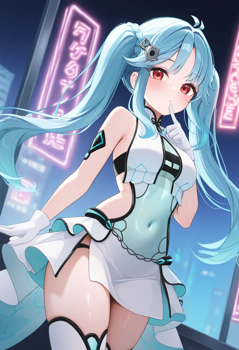 Super Idol Little Beautiful Girl A charming smile sky blue hair length hair Twin-tailed Bright pink and wet white leotard outfit wet white panty Mystical Fantasia constellation a moon Crystal Brilliance Aurora Borealis in the Night Sky, wet clothes